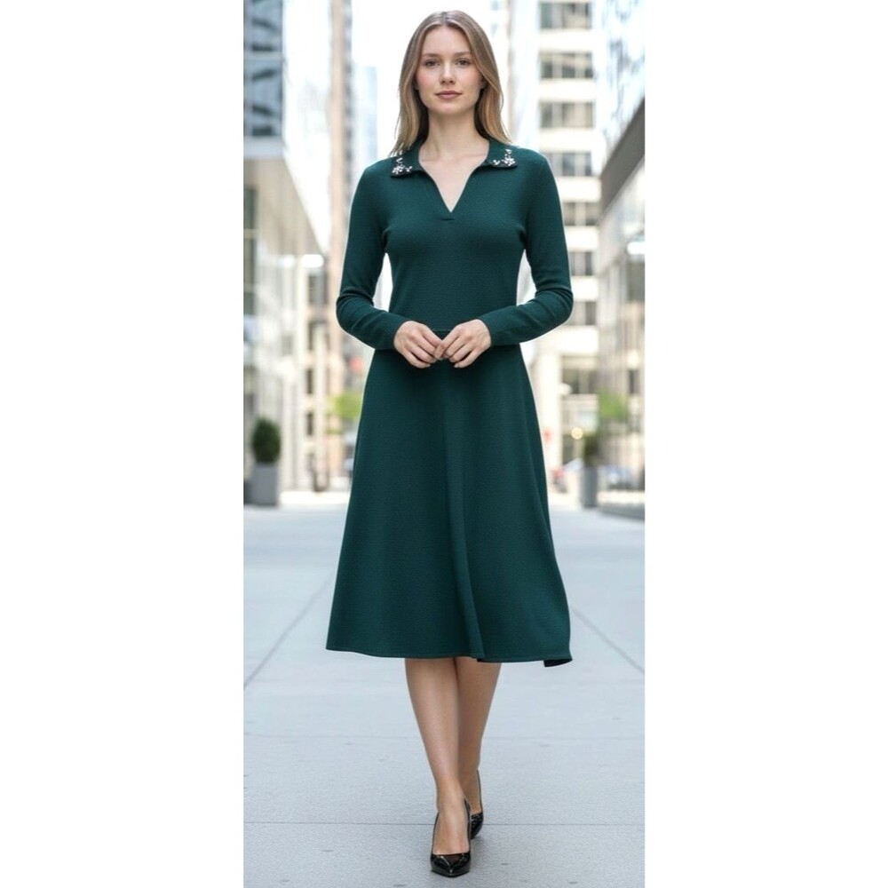 Eliza J. NWT forest green rhinestone v-neck long sleeve midi fit flare dress L